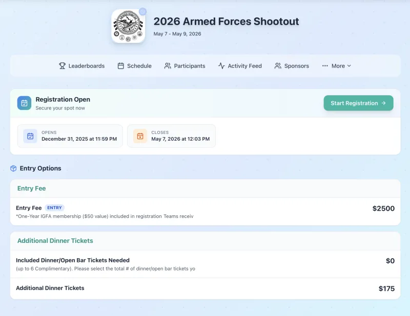 Online fishing tournament registration page showing entry fees, calcutta options, and payment processing