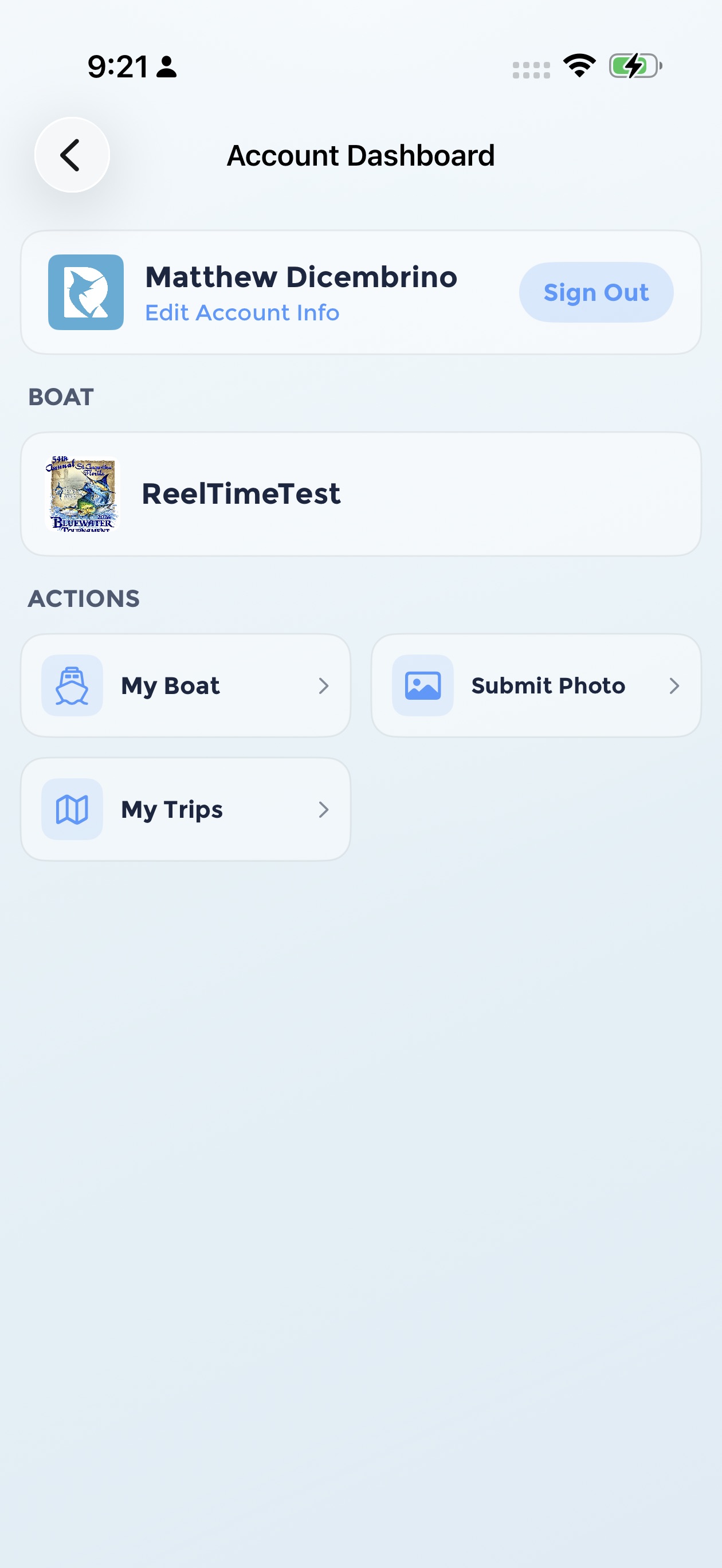 Account Dashboard screen with the My Trips action