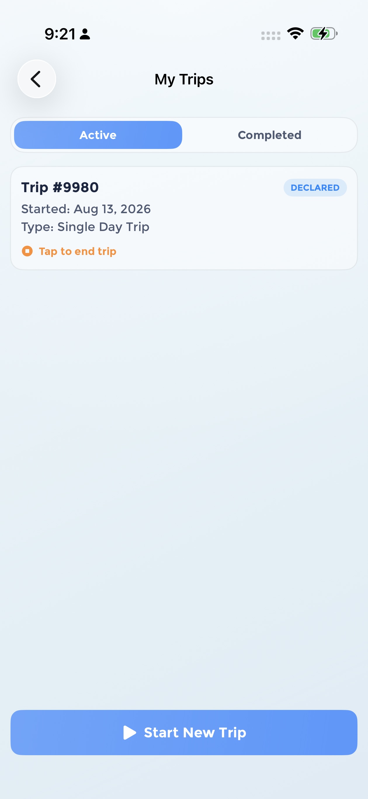 My Trips screen showing an active declared trip with tap to end trip