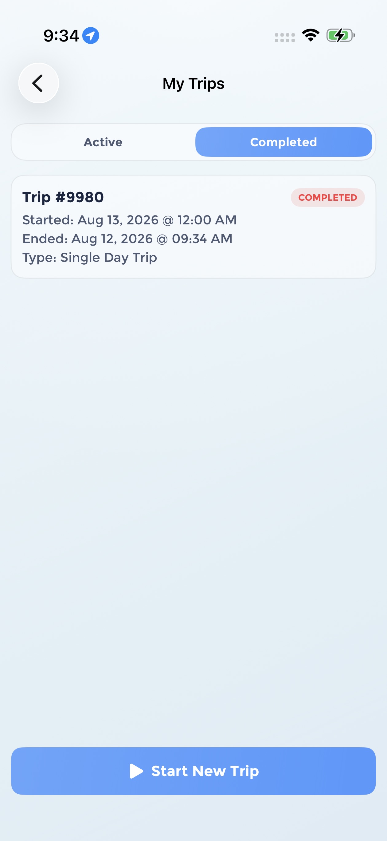 My Trips Completed tab showing a completed trip with start and end times