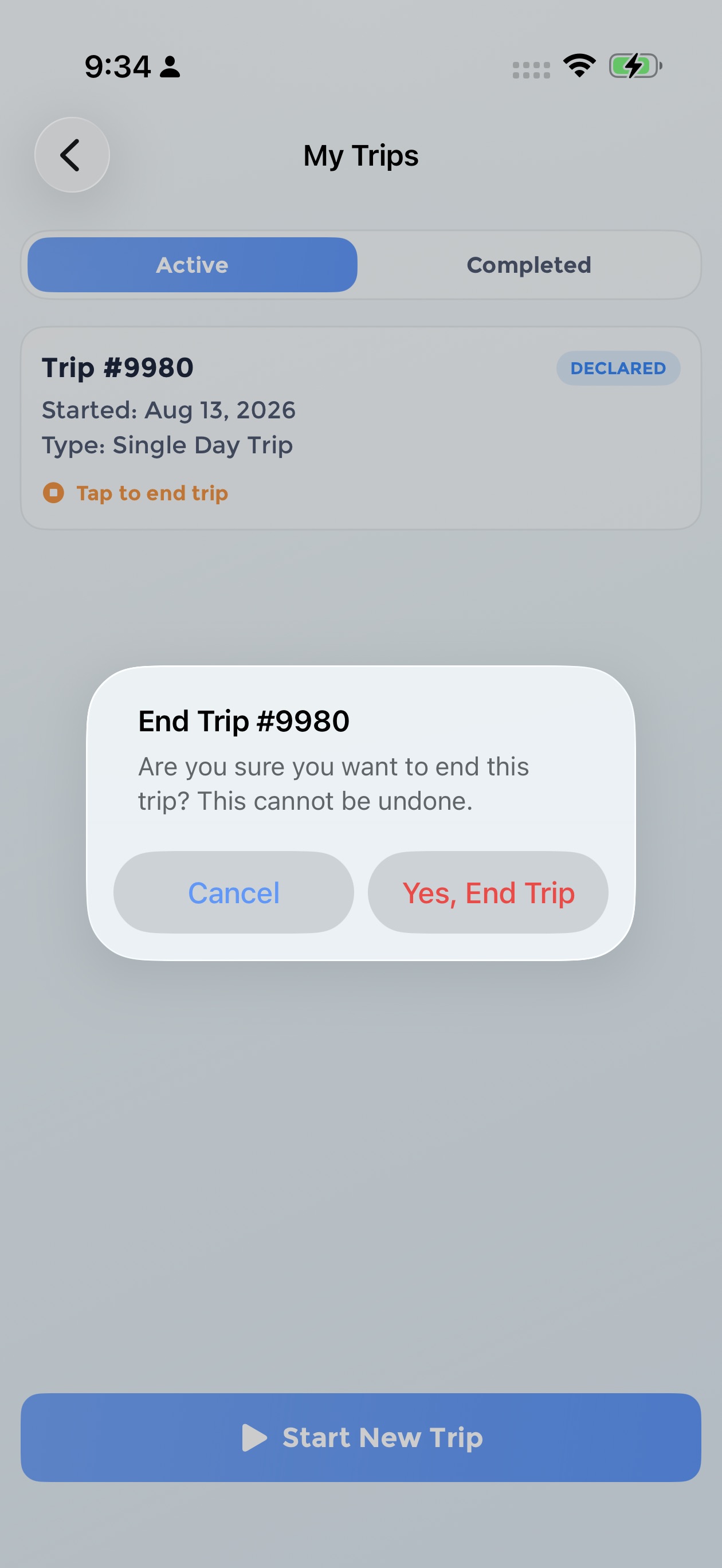 End trip confirmation dialog with Cancel and Yes, End Trip buttons