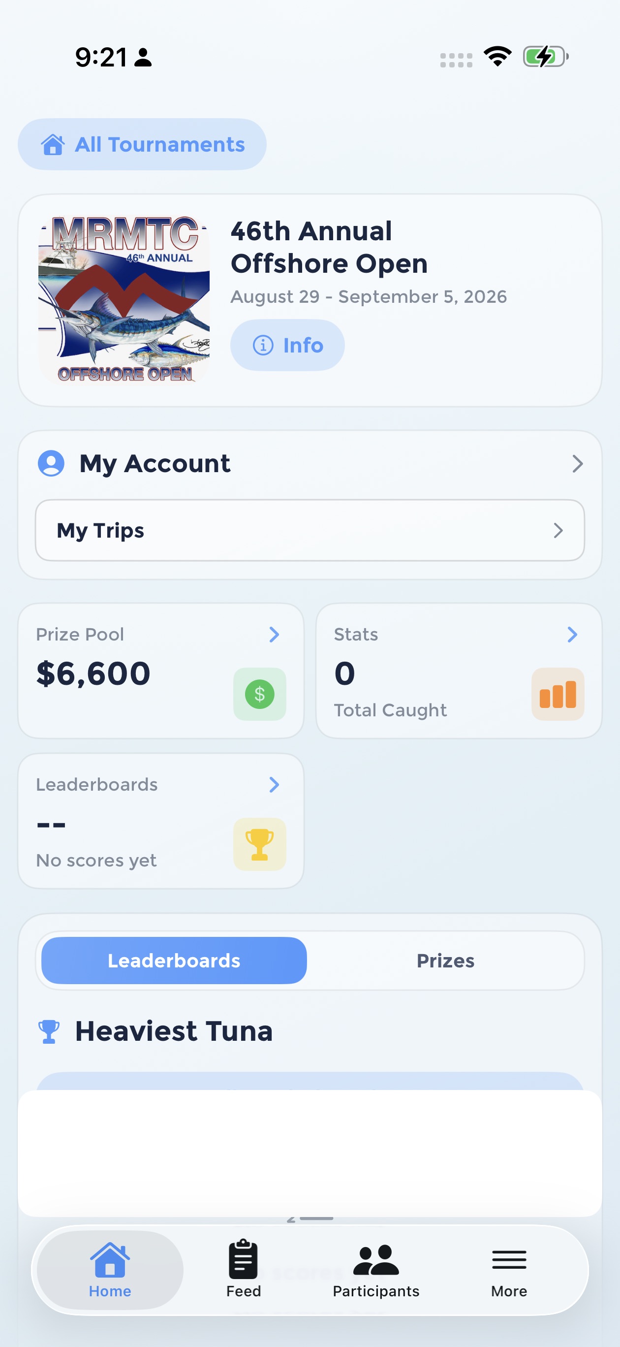 Tournament home screen with the My Trips button in the My Account section