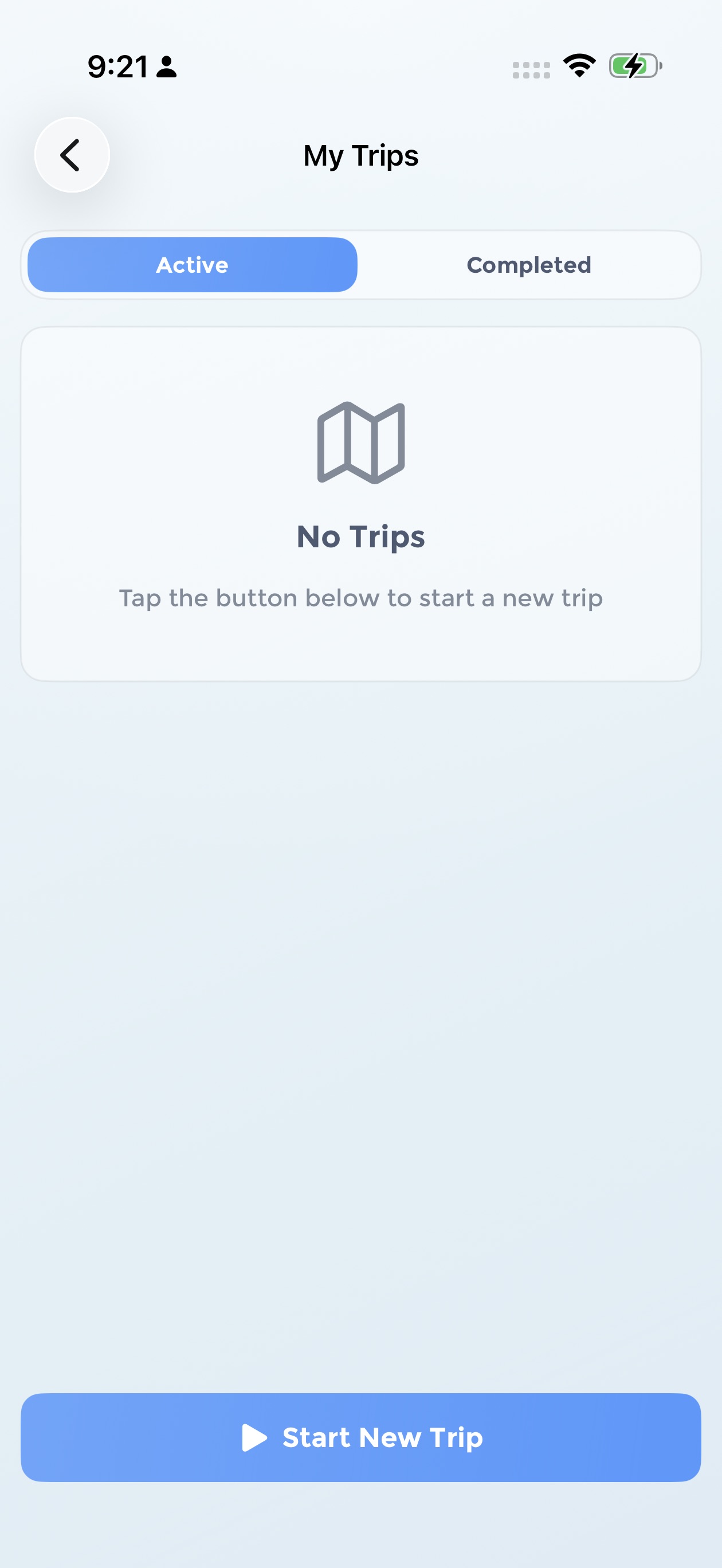 My Trips screen with no trips and the Start New Trip button