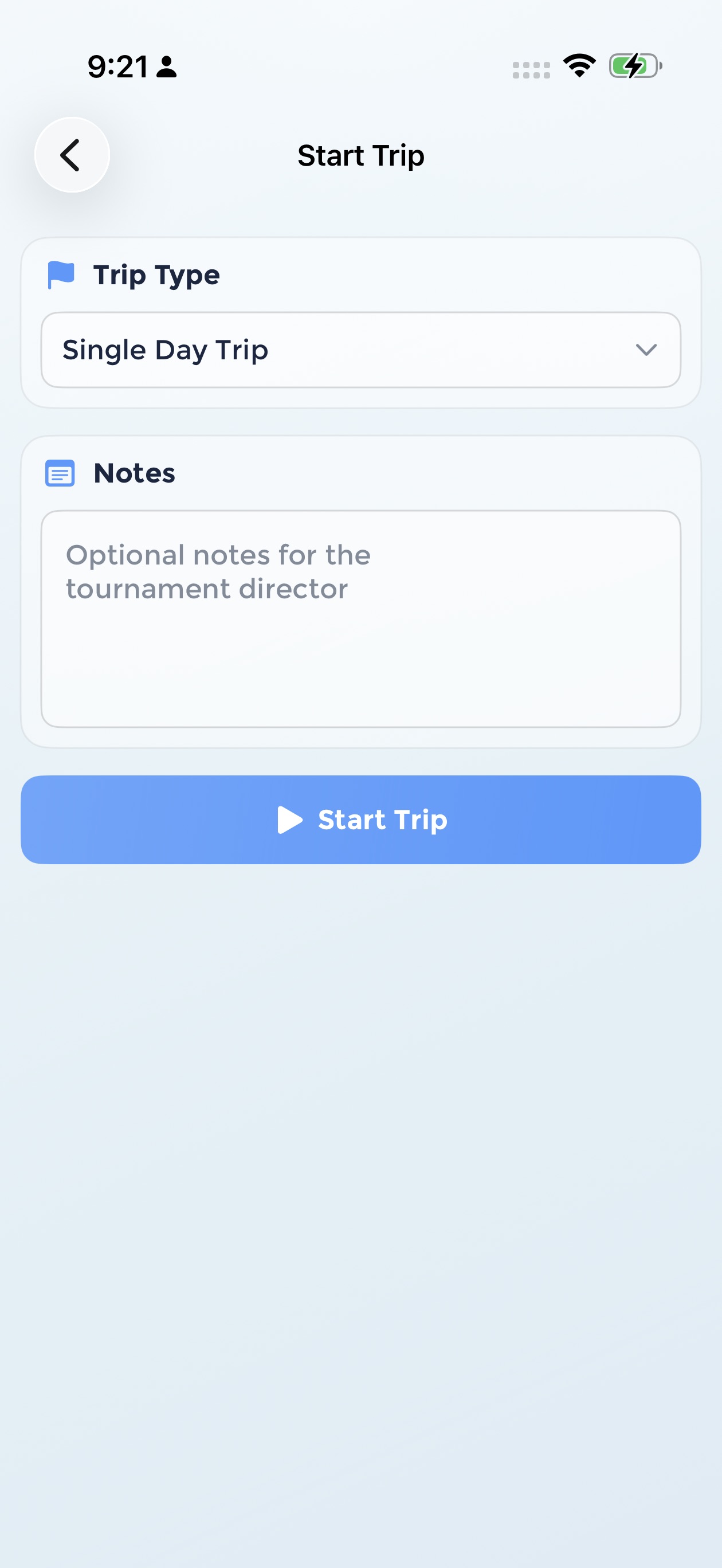 Start Trip form with trip type selector and notes field