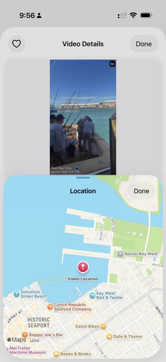 ReelCam app screen showing a fishing video paired with its GPS location on a map of Key West
